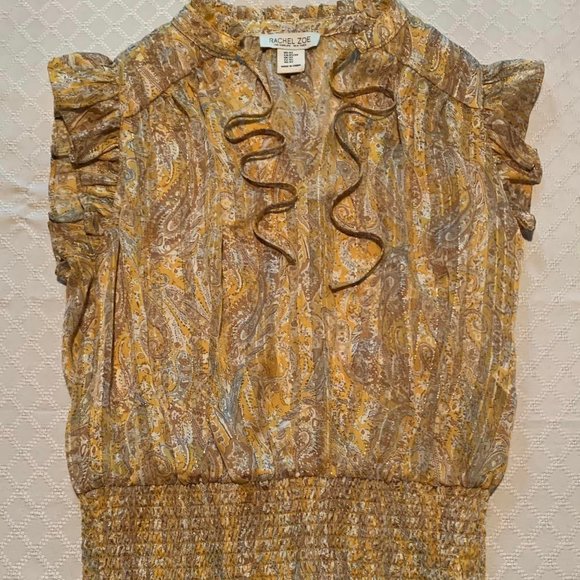 Size X-Small Rachel Zoe Gold/Gray Ruffled Cap Sleeve Blouse - Picture 1 of 6